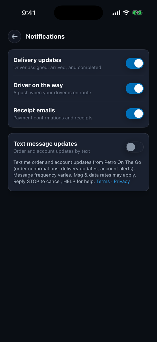 iOS app Profile screen showing the 'Text message updates' toggle that turns order and account text messages on or off.