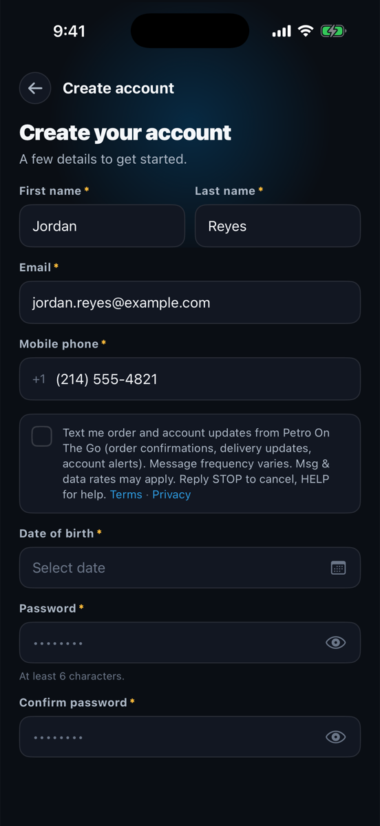 iOS app sign-up screen: the Mobile phone field with the unchecked checkbox beneath it reading 'Text me order and account updates from Petro On The Go' followed by the frequency, rates, STOP and HELP disclosure and Terms and Privacy links.